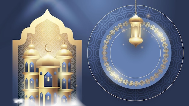 Eid mubarak or ramadan kareem with moon and decorative lantern background design