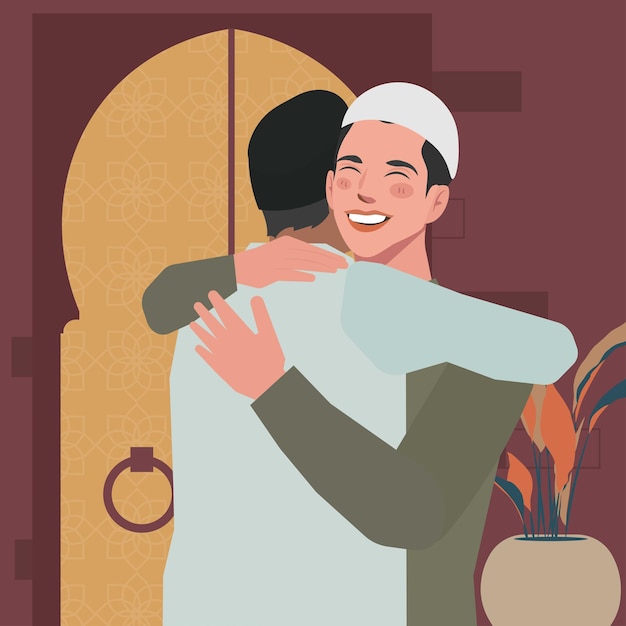 Vector eid mubarak ramadan men hugging forgiveness illustration