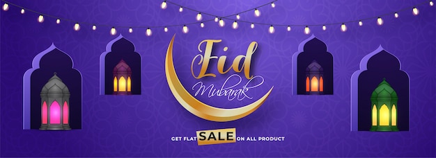 Eid mubarak sale header or banner design with golden crescent mo