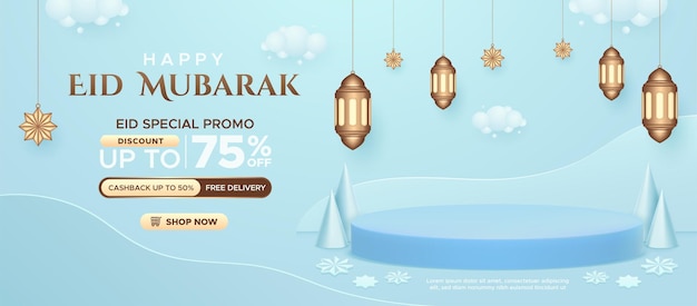 Eid mubarak sale promo with product display and seasonal decoration banner template