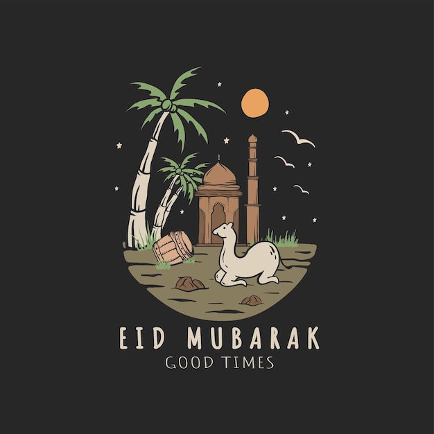 Eid Mubarak scenery with palm trees mosque and camel hand drawn vector vintage illustration