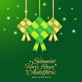 Eid mubarak, striscione di auguri di selamat hari raya aidilfitri con ketupat Vettore Premium