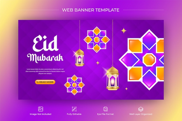 Vettore eid mubarak brillante e colorato modello di banner web islamico orizzontale