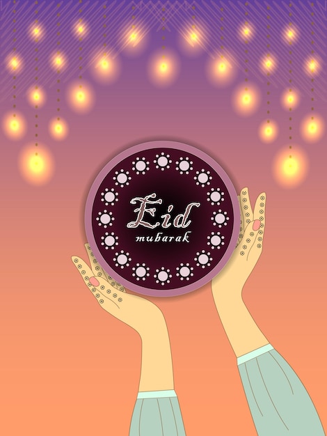 Vector eid mubarak-sjabloon met henna-handen eid-wenskaart voor moslims met henna-handen