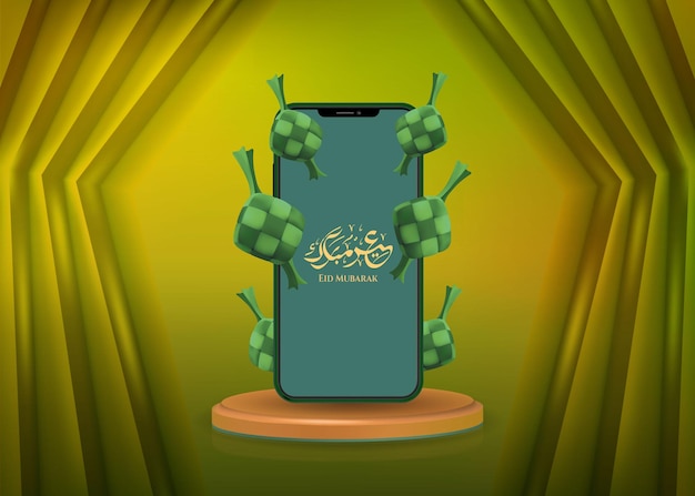 Eid mubarak social media post met smartphone en 3d podium display product