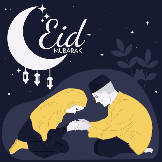 eid mubarak sociale media plaatsen illustratie. platte ontwerp oude man en vrouw in hijab handen schudden.