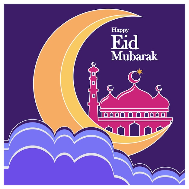 Eid mubarak square banner illustration template with mosque