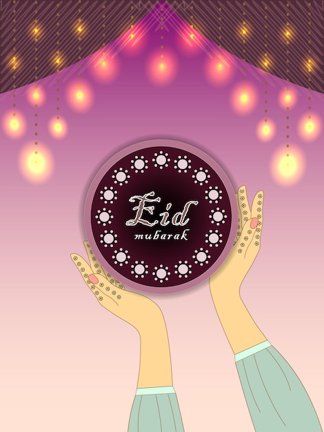 Vector eid mubarak template with henna hands eid greeting card for muslims with henna hands