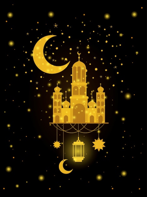 eid mubarak temple facade with moon and lantern 