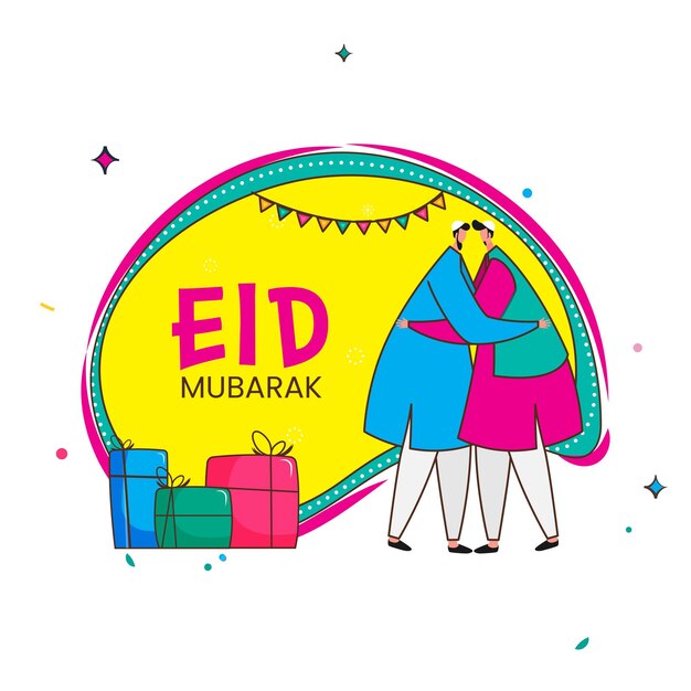 Eid mubarak viering concept met cartoon islamitische mannen knuffelen elkaar geschenkdozen bunting vlaggen versierd op gele en witte achtergrond