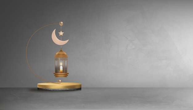 Eid Mubarak wenskaart achtergrond met Crescent MoonStar islamitische lantaarn op cement muur textuur