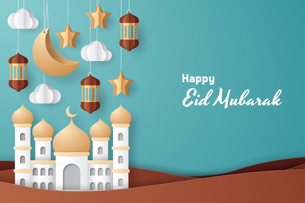 Eid Mubarak-wenskaart Illustratie Ramadan kareem achtergrondillustratie Papier gesneden stijl