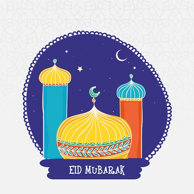 Eid Mubarak-wenskaart met moskee-sikkelmaansterren op blauwe en witte mandala-patroonachtergrond