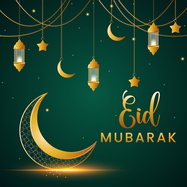 Eid mubarak wishes with moon, star and lamp background bella immagine di design