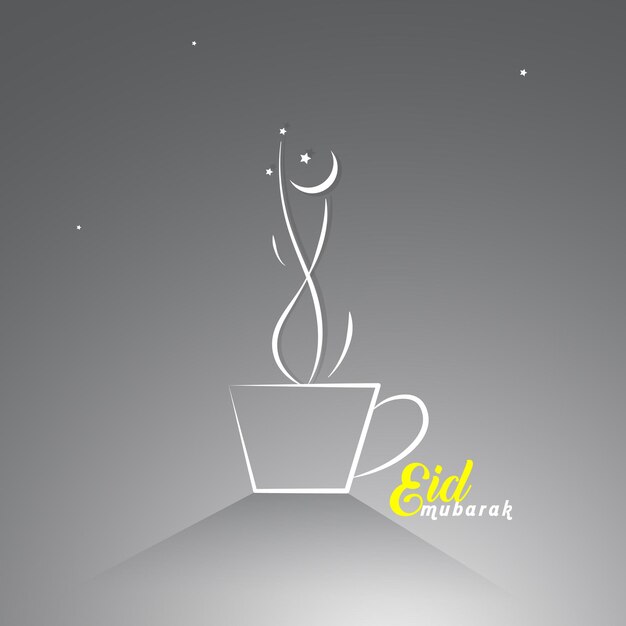 Vector eid mubarak with a coffee cup and smoke moon and stars