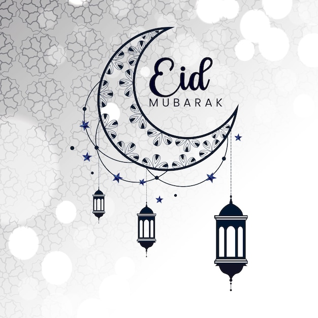 eid mubarak with a crescent moon and stars on a light background.