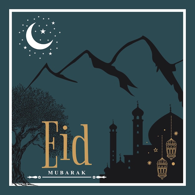 Vector an eid mubarak with a dark blue background and a mountain and a mosque in the background.