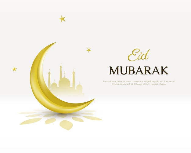 Eid mubarak with golden crescent moon and mosque illustration