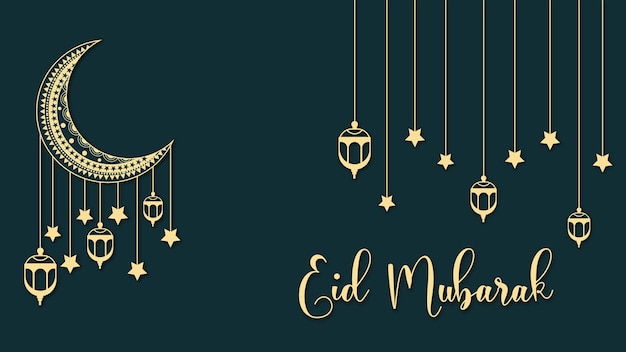 Vector eid mubarak with moon lamp and stars illustration