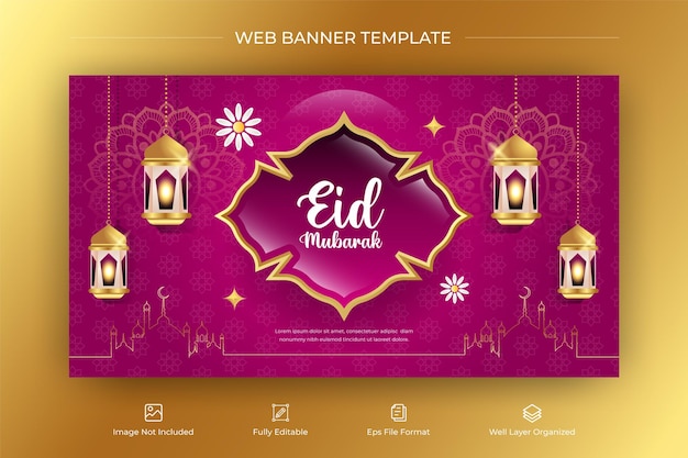 Vector eid mubarka festival horizontal banner design with golden mandela and lantern