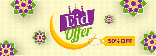 Vettore intestazione e banner design eid sale con sconto del 50% e cre