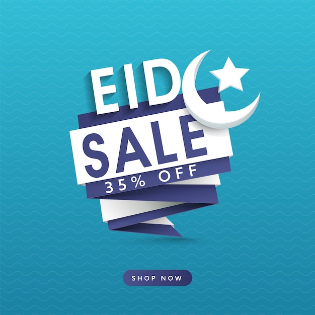 Eid Sale Poster Design With 35 Discount Offer 3D Crescent Moon Star On Blue Wavy Stripe Background