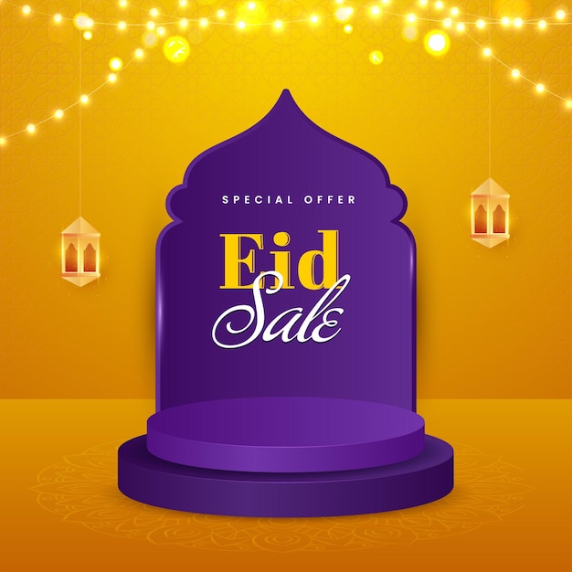 Дизайн плаката eid sale с блестящими золотыми фонарями, висящими 3d-подиумом или гирляндой сценического освещения на фиолетовом и желтом фоне