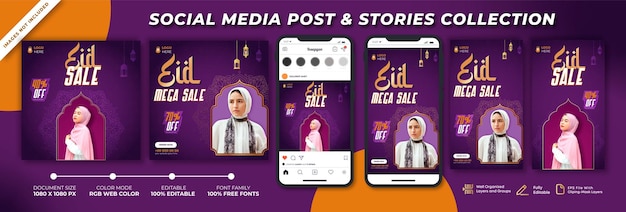 Eid sale social media posts en verhalen met creatief ontwerp en premium template en premium vector