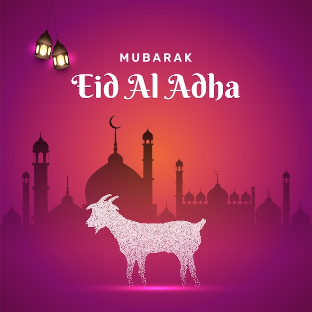 Vettore banner eid ul adha moschea e capra dal design unico