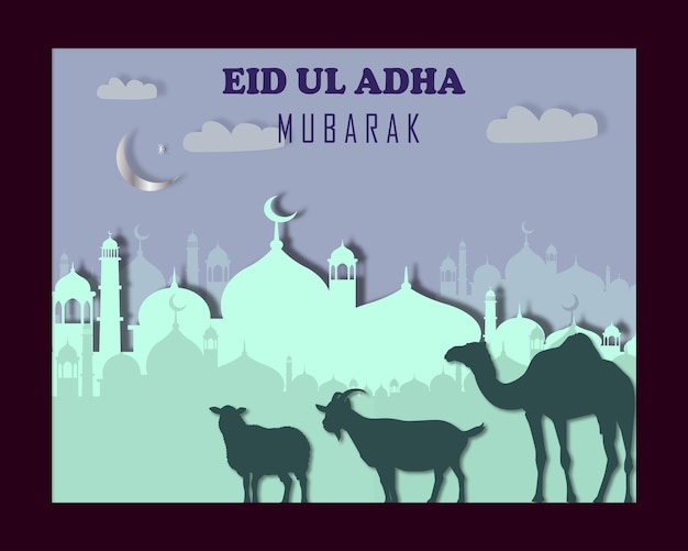 Eid ul adha mubarak paper cut illustratie sjabloon voor het ontwerpen van posters voor sociale media
