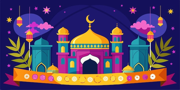 Vettore banner del castello di eid ul fitr per l'illustrazione di un post sui social media