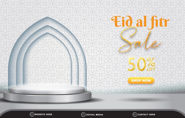 Eid verkoop korting sjabloon banner met kopie ruimte 3d podium voor productverkoop met abstract gradiënt wit en zilver achtergrondontwerp