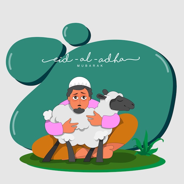 Концепция eidaladha mubarak с мусульманским молодым человеком, держащим мультфильмную овцу на бирюзовом и белом абстрактном фоне