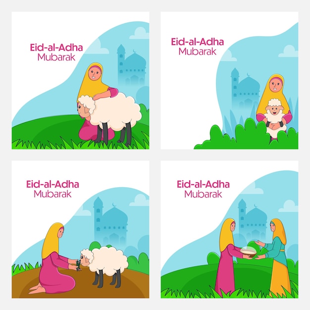 Vettore eidaladha mubarak biglietto di auguri o post design in quattro opzioni