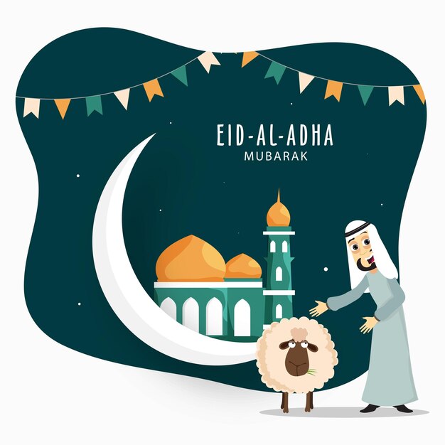 EidAlAdha Mubarak Islamitisch festival met Crescent Moon Mosque en vrolijke Arabische man die cartoon schapen toont op een abstracte donkere teel achtergrond