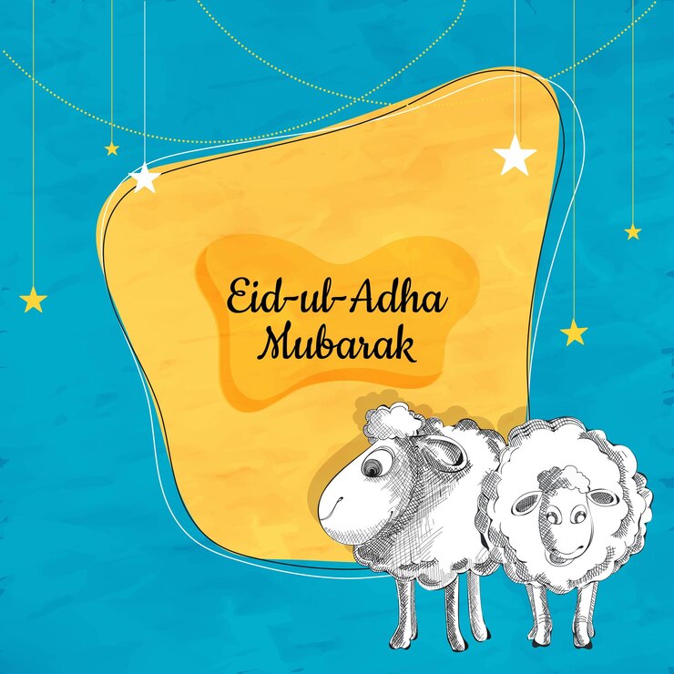 EidUlAdha Mubara Greeting Card with Doodle Style Two Sheep Characters Hanging Stars Decorated on Abstract Chrome Yellow and Blue Background