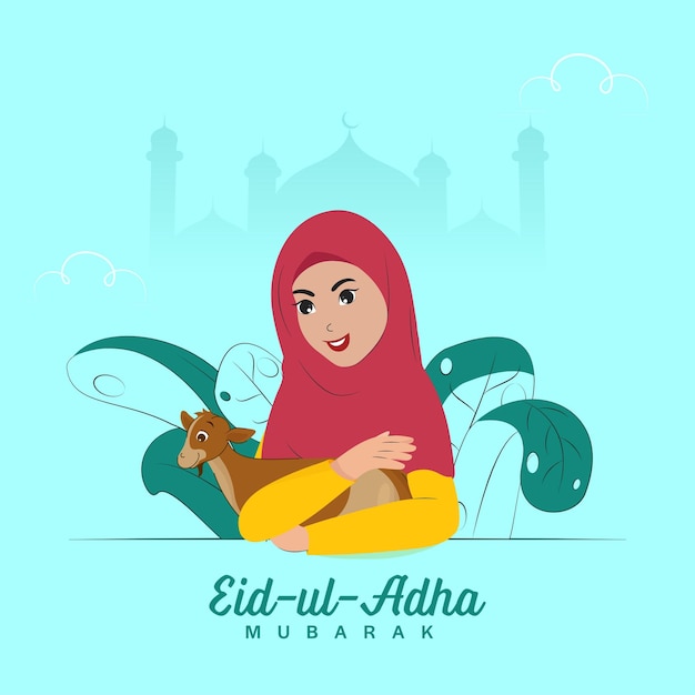 Концепция EidUlAdha Mubarak с исламской женщиной, держащей козу и листья на фоне голубого силуэта мечети