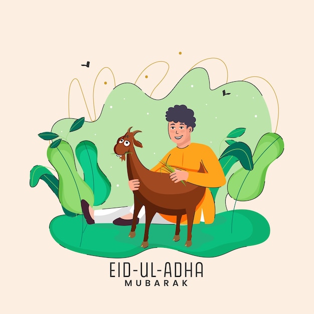 EidUlAdha Mubarak Concept With Islamic Young Boy Feeding Grass To Goat And Nature View On Cosmic Latte Background