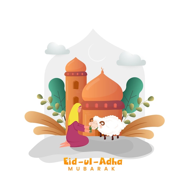 Vector eiduladha mubarak concept with islamic young lady feeding grass to sheep and mosque on white background