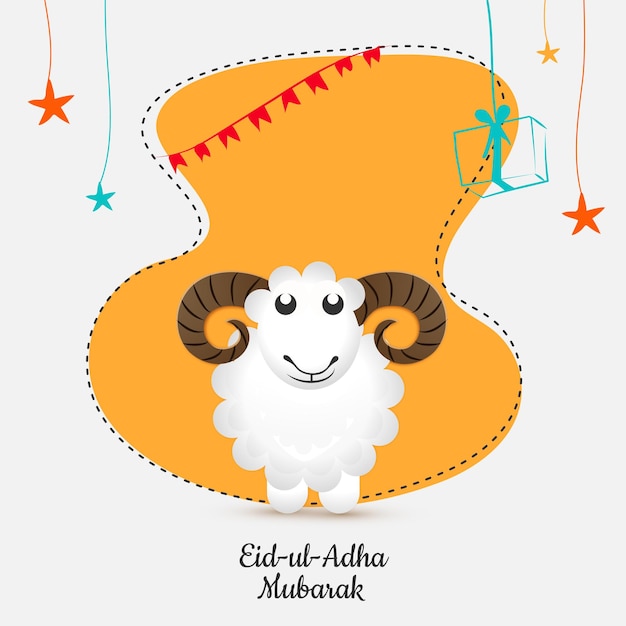 벡터 eiduladha mubarak greeting card with paper cartoon sheep hanging stars gift box bunting flags decorated on orange and white background