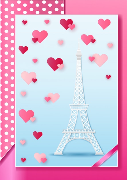 Vettore eiffel france parigi e nuvola sul cuore rosa