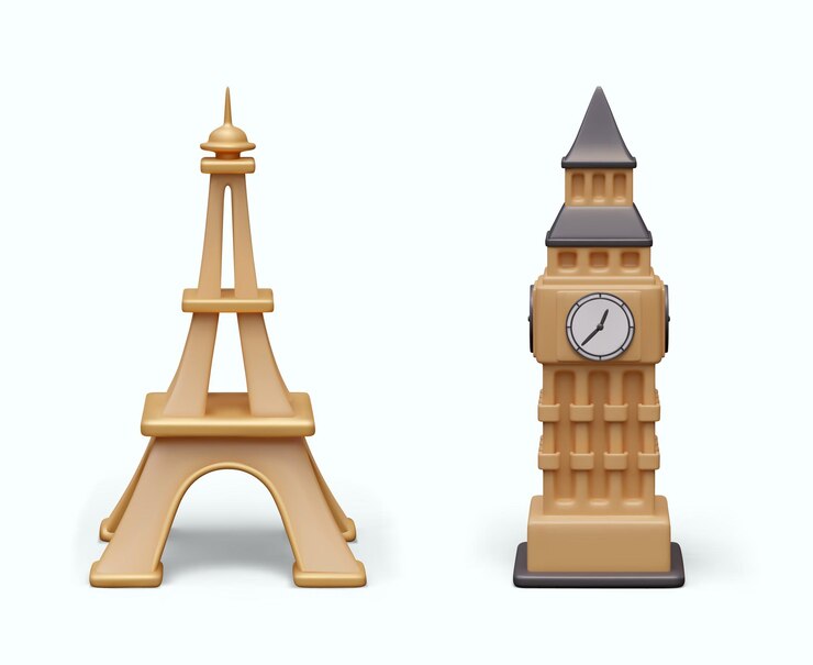 Vector eiffel tower and big ben realistic architectural monuments on white background