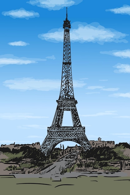 The Eiffel Tower in the center of Paris, a recognizable architectural landmark. Color pencil hand sk