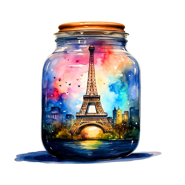 Vector the eiffel tower in a glass jar watercolor paint