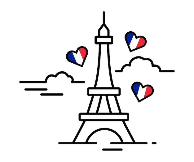 에펠탑 손으로 그린 미니멀리스트 하트 프랑스 국기 추상 건물 벡터 그림