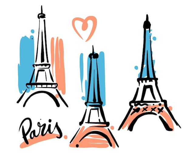 Vector eiffel tower hand drawn sketch with flag.