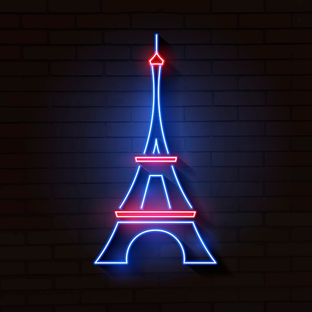 Vector eiffel tower in neon light on brick