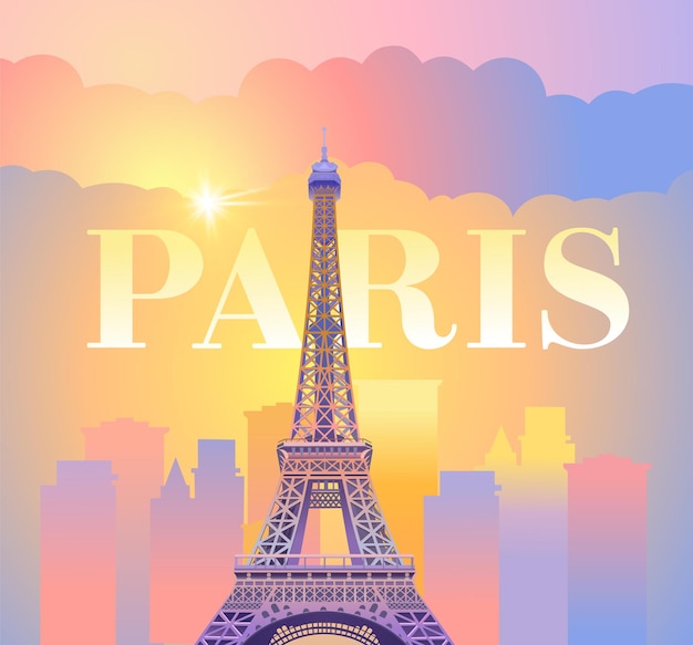 Vector eiffel tower in paris. evening paris. sunny sunset in france against the backdrop of the city.  illustration