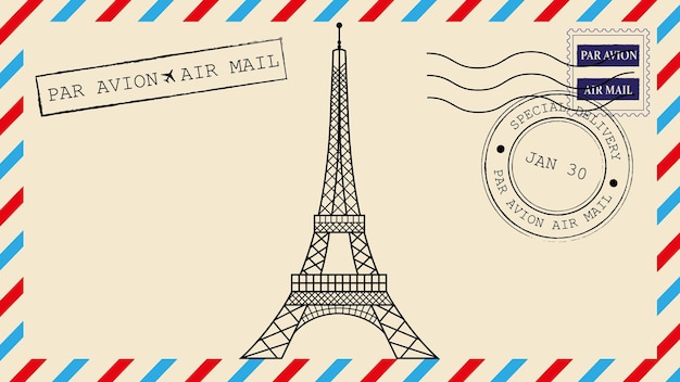 eiffel tower paris france rubber postal stamp envelope
