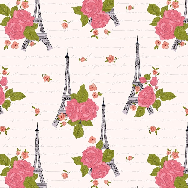 Eiffel Tower Paris with Red Roses and Vintage Writing Pattern